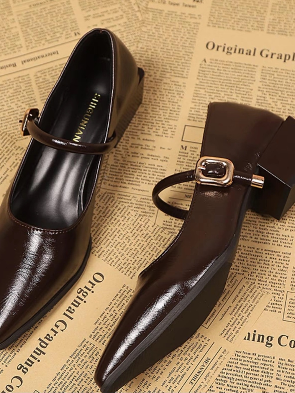 Pointed Toe Mary Jane Pumps in Dark Brown - Picture 3 of 3